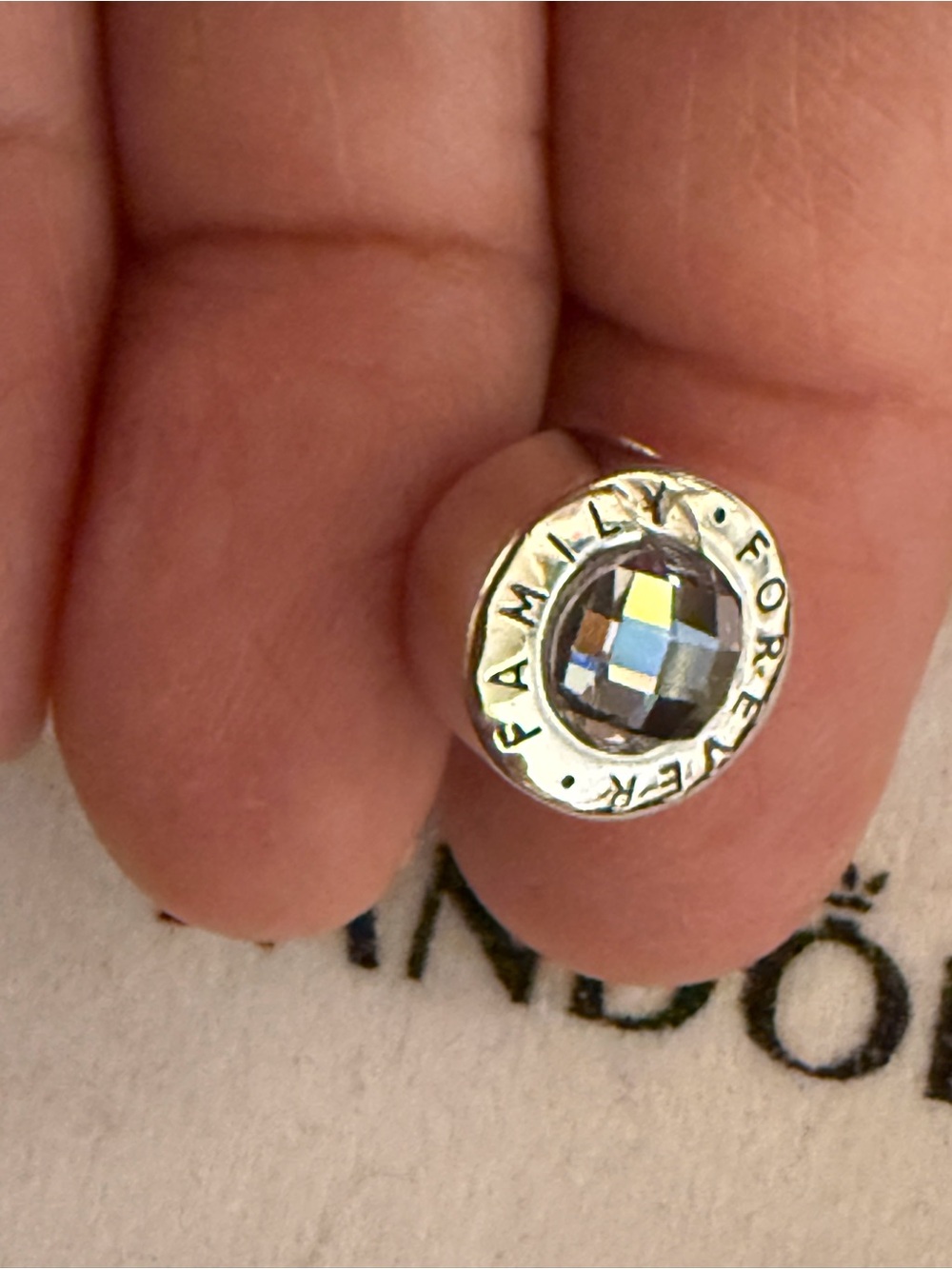 Family Forever Silver CZ Charm with Clear Gem